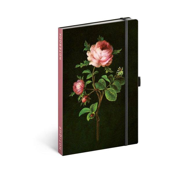 Keménytáblás notesz pontozott vonalozással krémszínű lapokkal leszorító
gumiszalaggal Roses 130x210mm, Presco