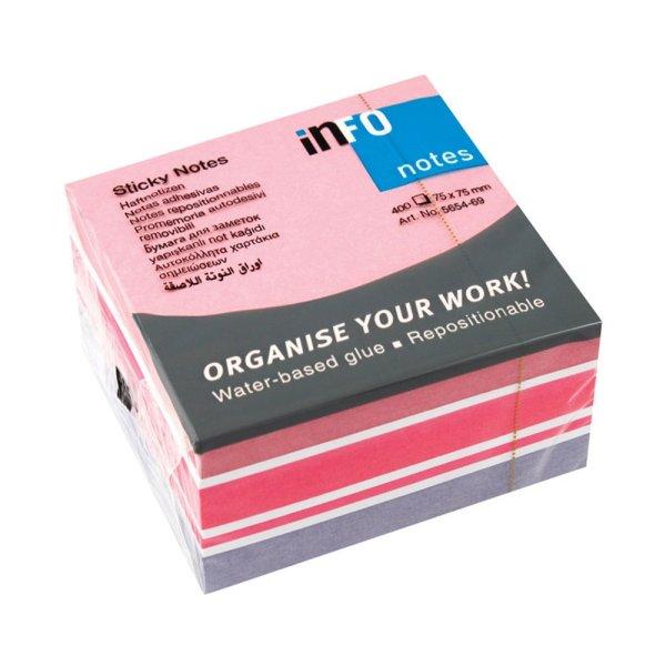 Jegyzettömb öntapadó, 75x75mm, 400lap, 5654-69 Info Notes pasztell
fehér,pink, lila
