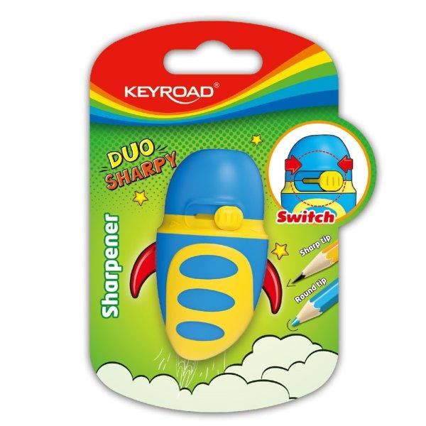 Hegyező 1 lyukú tartályos, fedeles, multifunkciós Keyroad Duo Sharpy vegyes
színek