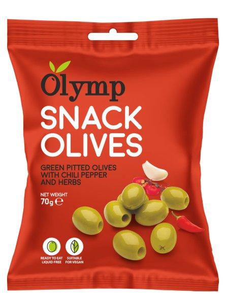 Olymp snack fűszerezett zöld magozott olajbogyó chili paprikával 70 g