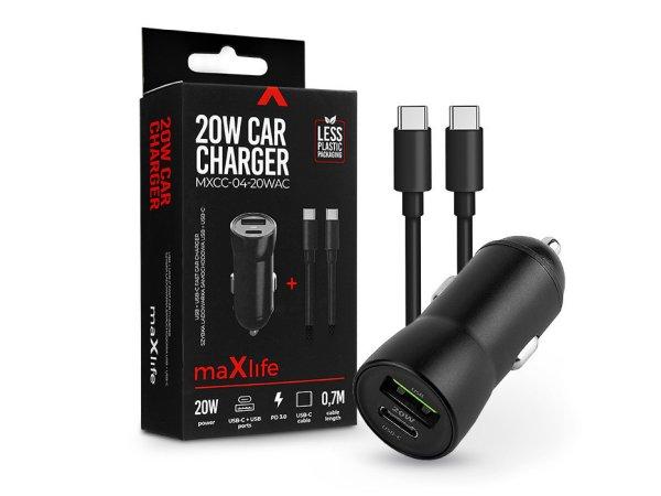 Maxlife szivargyújtós töltő adapter USB + Type-C bemenettel + Type-C -
Type-C kábel - 20W - Maxlife MXCC-04-20WAC PD3.0 + QC3.0 Car Charger - fekete