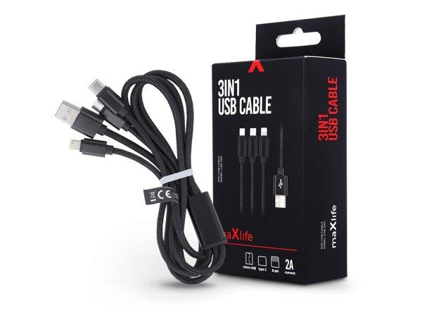 Maxlife USB töltő- és adatkábel 1 m-es vezetékkel - Maxlife 3in1 for
Lightning/microUSB/Type-C USB Cable - 5V/2A - fekete