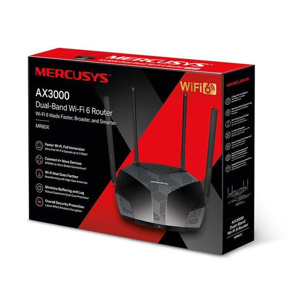 MERCUSYS Wireless Router Dual Band AX3000 1xWAN(1000Mbps) + 3xLAN(1000Mbps),
MR80X