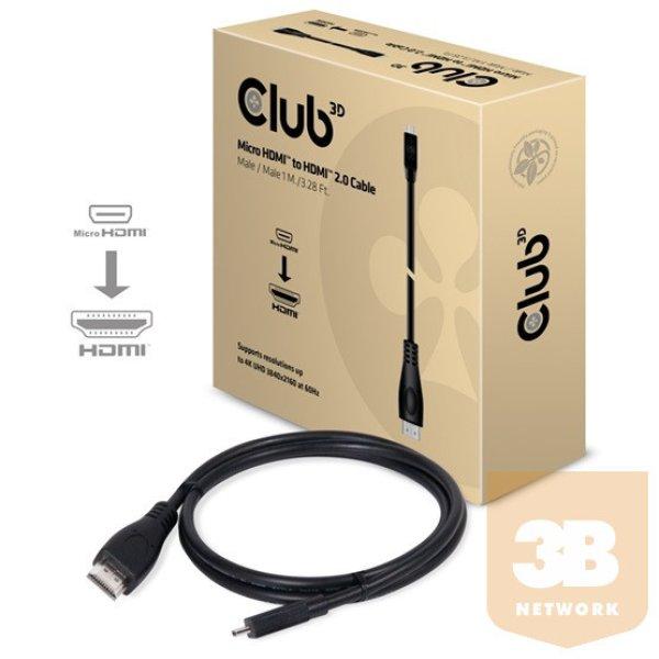 KAB Club3D Micro HDMI™ to HDMI™ 2.0 kábel 4K60Hz, Male/Male 1 m/3.28 Ft.
BI-DIRECTIONAL