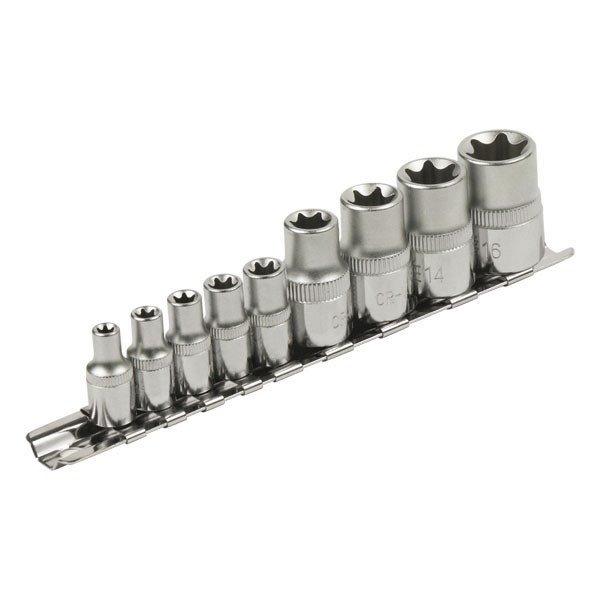 EXTOL PREMIUM dugófej klt., E-TORX; 1/4'×5db (E5-E6-E7-E8-E10),
1/2'×4db, (E12-E14-E16-E18), tartó sínen