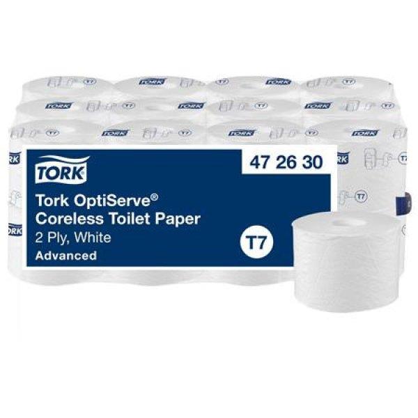 Toalettpapír, belsőmag nélküli, T7 rendszer, 2 rétegű, 13,1 cm átmérő,
Advanced, TORK "OptiServe", fehér