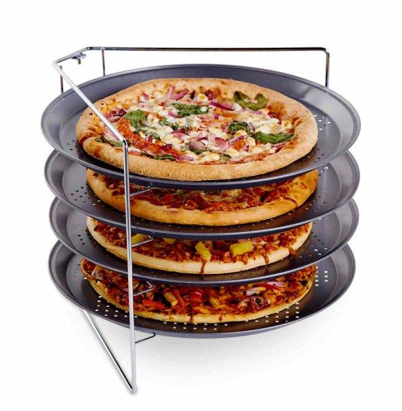 Crofton Pizza Pan Set - 4 szintes 32 cm pizzasütő serpenyő készlet,
pizzakészlet tapadásmentes bevonattal, inox állvánnyal