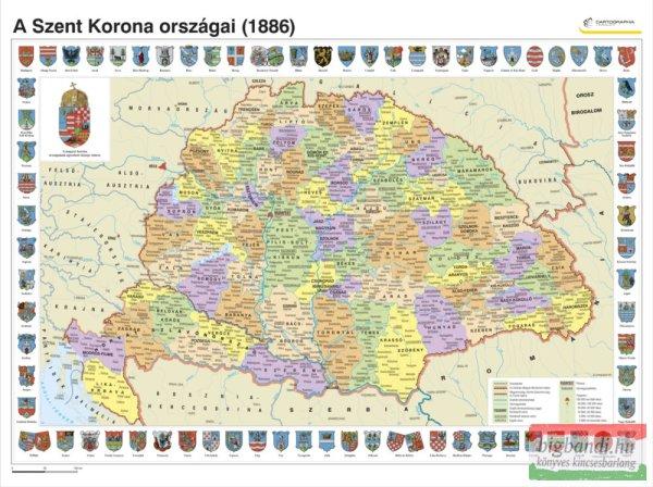 A Magyar Szent Korona országai 1886 falitérkép - fóliázott, lécezett