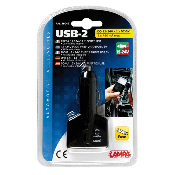 Lampa, Szivargyújtós töltő, 2xUSB, 1A 12/24V