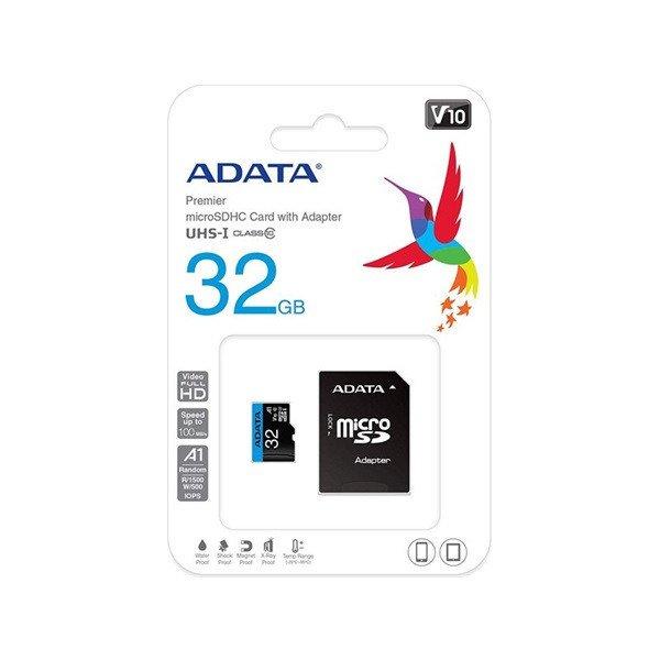 ADATA MicroSD kártya - 32GB microSDHC UHS-I Class10 A1 V10 (R/W: 100/20 MB/s) +
adapter