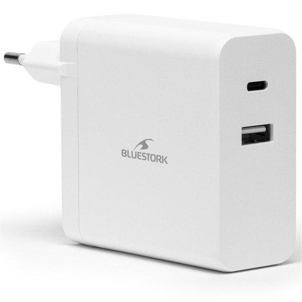 Bluestork Hálózati töltő - PW-NB-65-C-W (USB-C, USB-A, 65W, 1.8m kábel,
Fehér)