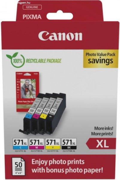 Canon CL-571XL Bk/C/M/Y (4x11ml) Tintapatron + 50 lap PP201 10x15 fényes
fotópapír Multipack