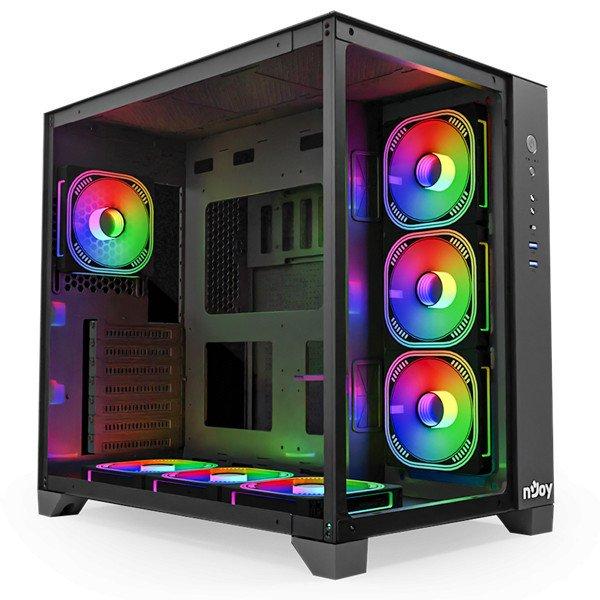 NJOY Ház Midi ATX AURA Tápegység nélkül, USB2.0+3.0, Fekete RGB