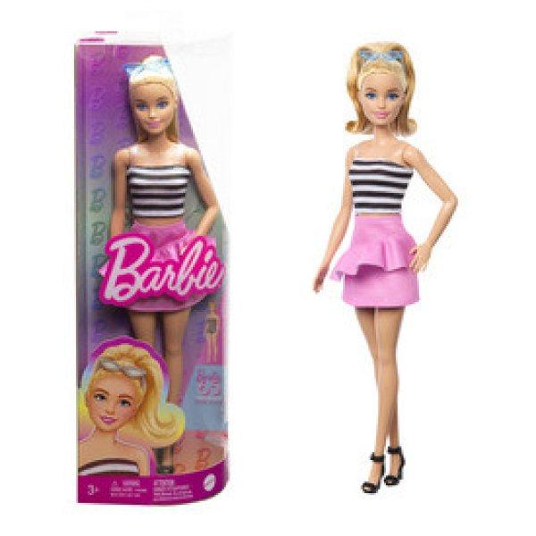 Barbie 65. Évfordulós baba fekete-fehér csíkos ruhában