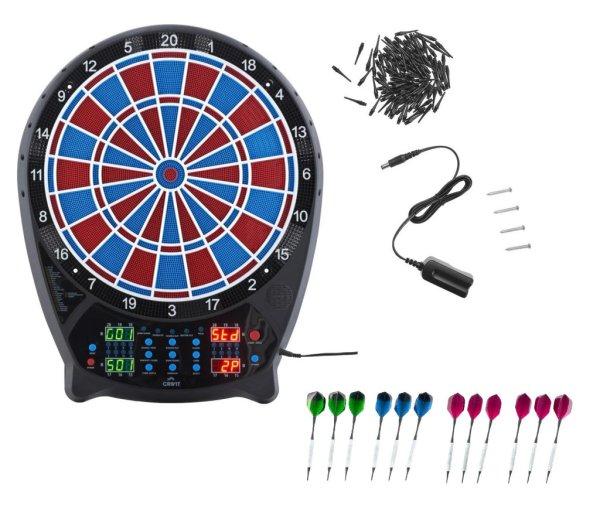 Crivit PK elektromos darts tábla 4 db világító LED kijelzővel, 3x4 dart
szettel, hálózati adapterrel 100 pótheggyel (piros-kék)