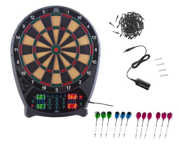 Crivit FS elektromos darts tábla 4 db világító LED kijelzővel, 3x4 dart
szettel, hálózati adapterrel 100 pótheggyel (fekete-sárga)