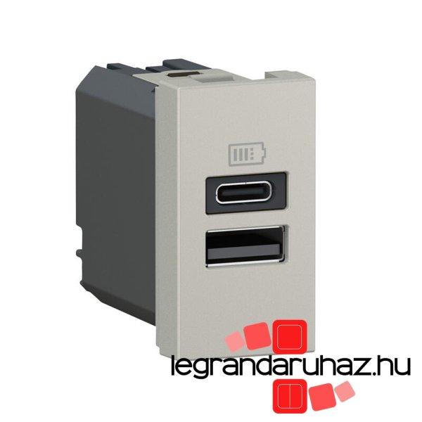 Legrand Program Mosaic kettős USB-A és USB-C töltőaljzat - 3 A - 15 W, 1
modul, alumínium, Legrand 077671L