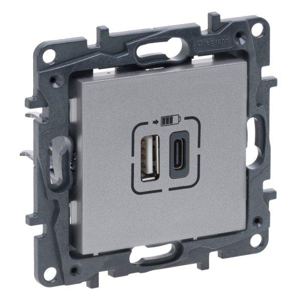 Legrand Niloé Step 2xUSB-A+C töltőaljzat 5V 3A 15W, alumínium, Legrand
863340