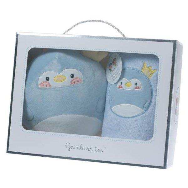 Gamberritos takaró wellsoft 80x110cm plüss játékkal kék pingvin 10756
