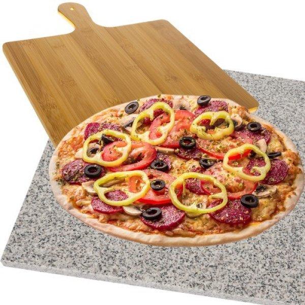 Gránit pizzakő bambusz lapáttal - 38x36x2cm