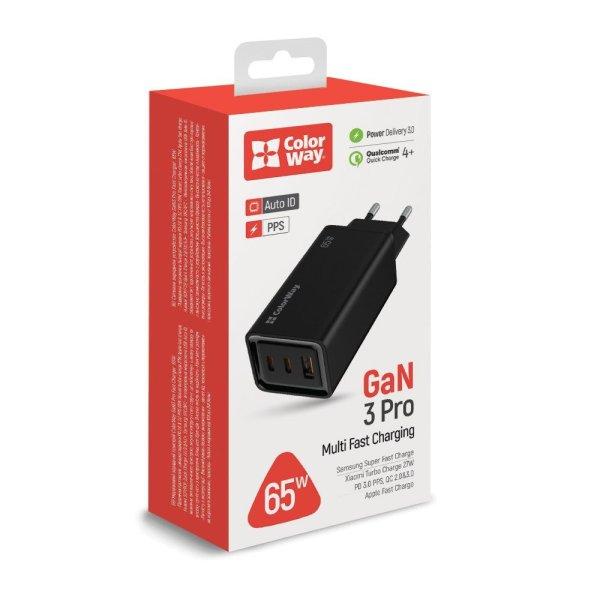 ColorWay USB töltő adapter GaN3 Pro Power Delivery (USB-A + 2 USB TYPE-C)
(65W) Black