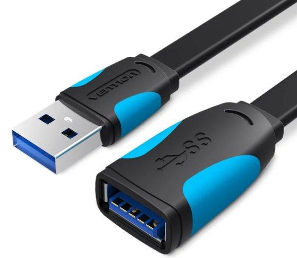 Vention USB 3.0, (hosszabbító, lapos, fekete), 3m, kábel