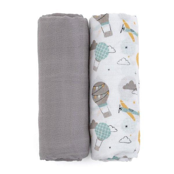 Petite & Mars Bambusz muszlin 2db-os pelenka szett Misty Grey Planes, 120 x 120
cm