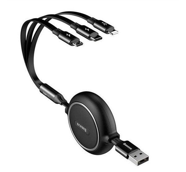 BASEUS GOLDEN LOOP adatkábel 3in1 (USB - lightning/microUSB/Type-C, 100W, 3.5A,
120cm, csévélhető) FEKETE