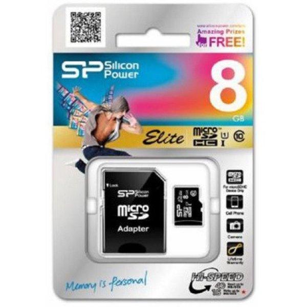 Silicon Power 8GB Elite adapteres UHS-1 U1 microSDHC memóriakártya BOX fekete