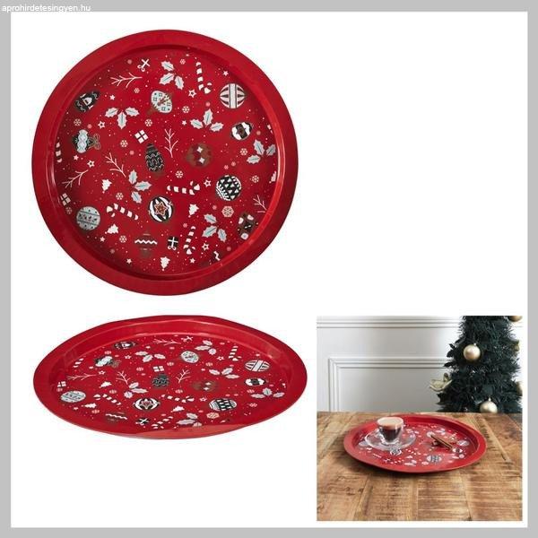 Piros karácsonyi kerek fém tálca 32 cm KA0384