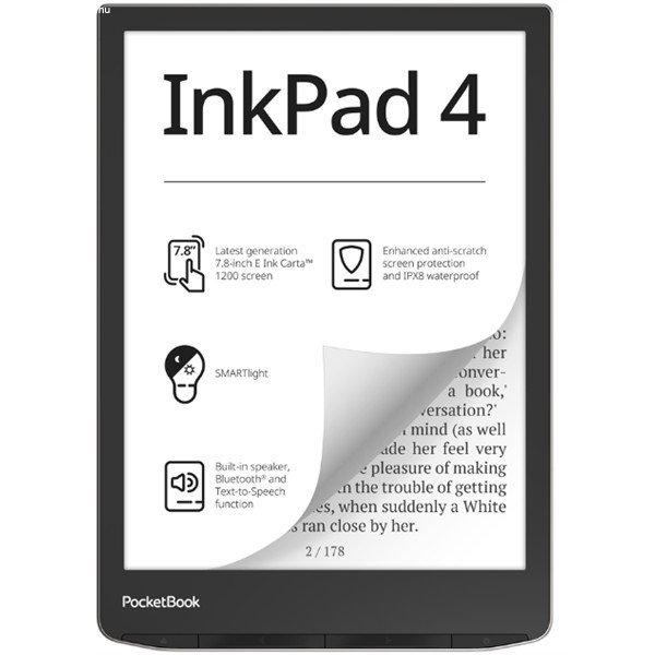 POCKETBOOK e-Reader PB743G INKPad4 Ezüst (7,8" E-Ink,háttérvilágítás,
2x1GHz,32GB,2000mAh,wifi, BT, mSD)