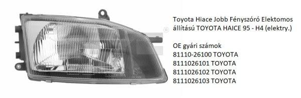 Toyota Hiace Jobb Fényszóró Elektomos állítású TOYOTA HAICE 95 - H4
(elektry.)