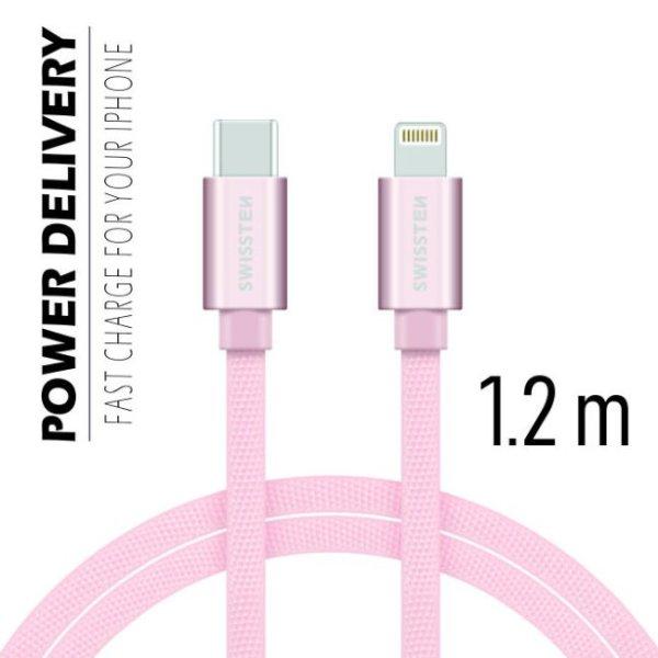 Adatkábel Swissten textil s USB-C + Lightning konnektorral és gyorstöltés
támogatással 1,2 m, arany-rózsaszín