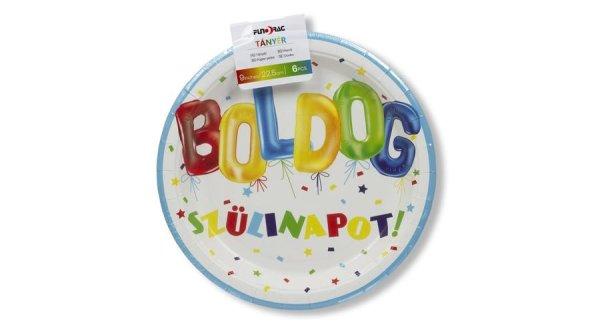 Vidám Boldog szülinapot feliratos papírtányér 22,5 cm 6 db