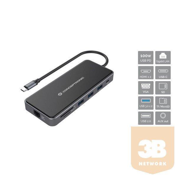 Conceptronic Notebook Dokkoló - DONN15G (Bemenet: USB-C, Kimenet:
2xHDMI+VGA+USB-C PD:100W+3xUSB-A+RJ-45+SD/TF+AUX)