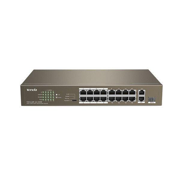 Tenda Switch PoE - TEF1118P-16-150W V3.0 (16x100Mbps; 2x1Gpbs; 1xSFP Combo; 16
af/at PoE+ port; 150W)