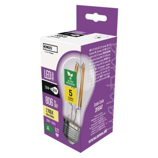 EMOS ZF5147, LED izzó Filament A60 / E27 / 3,8 W (60 W) / 806 lm / meleg fehér