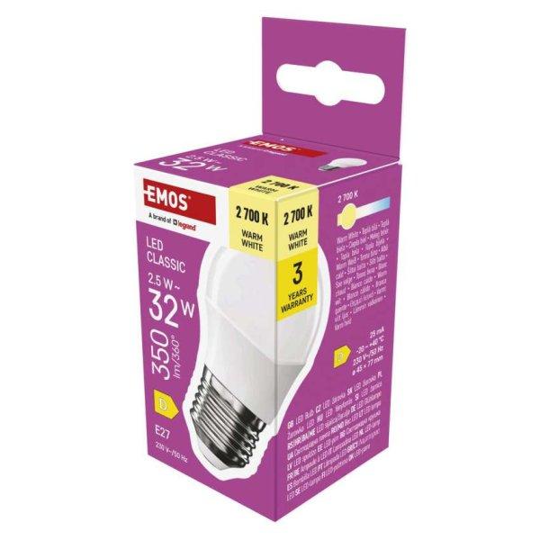 EMOS ZQ6D11, LED izzó Classic Mini Globe / E27 / 2,5 W (32 W) / 350 lm / Meleg
fehér