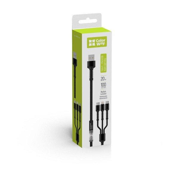 COLORWAY Kábel, Cable 3in1 (Lightning+MicroUSB+Type-C) 4.0A (20W) 1.2m grey
(CW-CBU3003-GR)