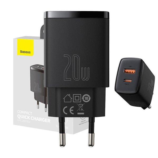 Baseus Compact hálózati töltő USB Type-C / USB-A 20W 3A QC3.0, Fekete