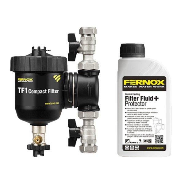 FERNOX TF1 Compact mágneses iszapleválasztó golyóscsappal és Filter Fluid +
Protector folyadékkal, 3/4"