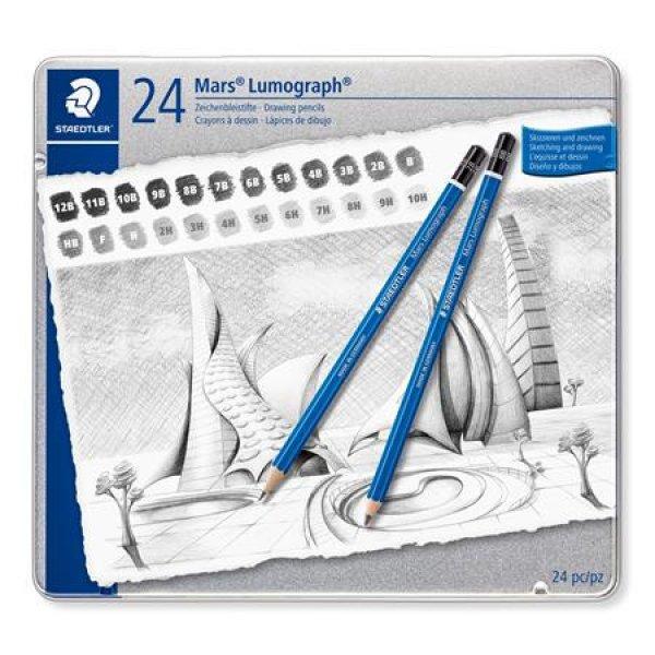 Grafitceruza készlet, fém doboz, hatszögletű, STAEDTLER "Mars®
Lumograph® 100", 24 különböző keménység