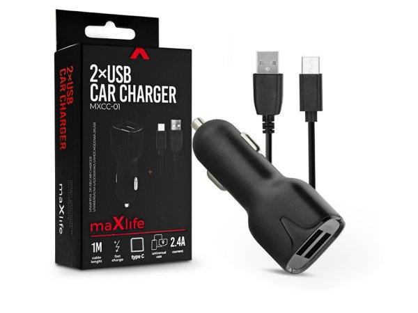 Maxlife 2xUSB szivargyújtó töltő adapter + USB - Type-C kábel 1 m-es
vezetékkel - Maxlife MXCC-01 Type-C 2xUSB Car Fast Charger - 5V/2,4A - fekete