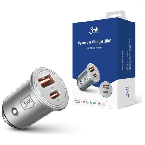 3mk Töltő autóba, 30W, USB-A + USB-C, ezüst