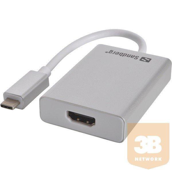 Sandberg HDMI kábel Átalakító - USB-C to HDMI Link (ezüst; USB-C bemenet;
HDMI (anya) kimenet; 2048x1152@32bit)