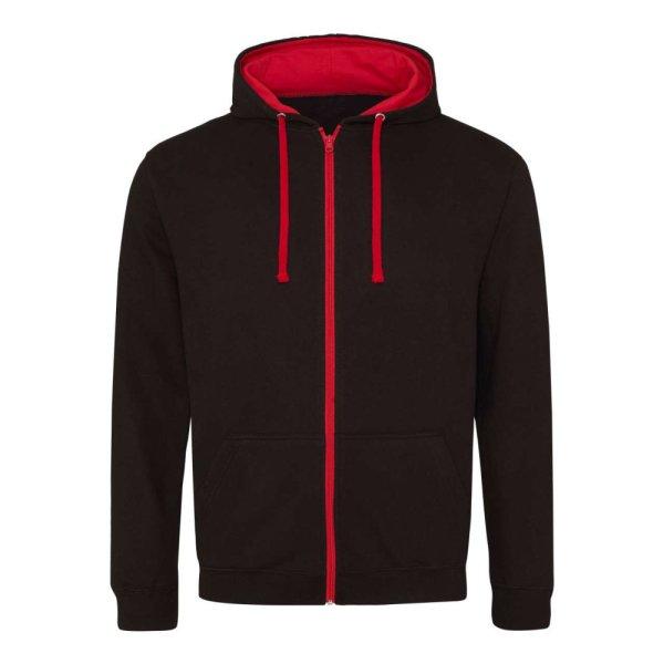 Just Hoods Uniszex pulóver kontrasztos színű cipzárral kapucnival AWJH053,
Jet Black/Fire Red-M