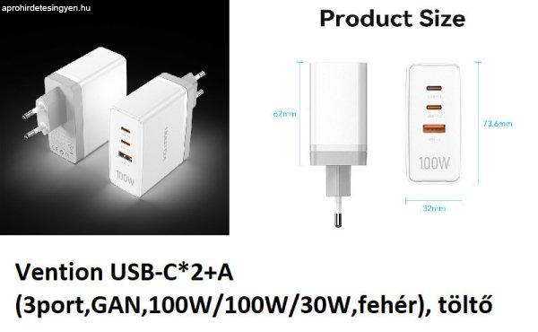 Vention USB-C*2+A (3port,GAN,100W/100W/30W,fehér), töltő