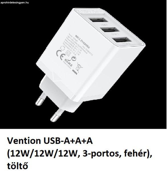 Vention USB-A+A+A (12W/12W/12W, 3-portos, fehér), töltő