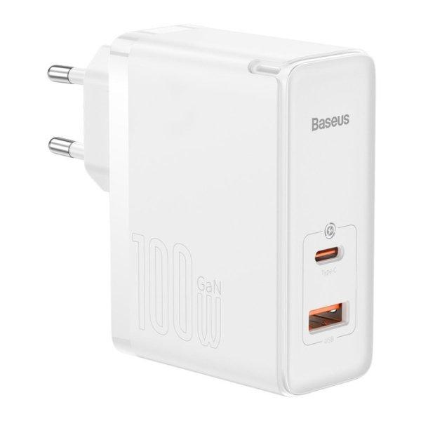 Baseus GaN5 Pro USB-C + USB hálózati töltő 100W + 1m USB-C kábel, fehér