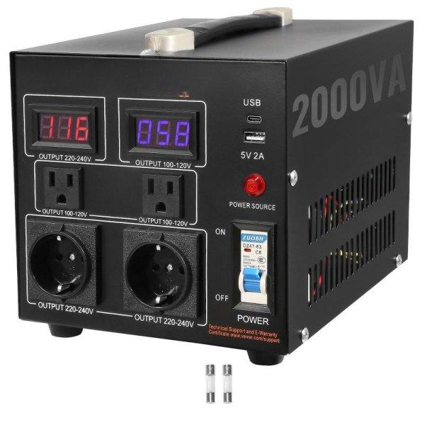 Feszültségátalakító transzformátor, 2000 VA, 110 V - 220 V, 5 V USB
porttal